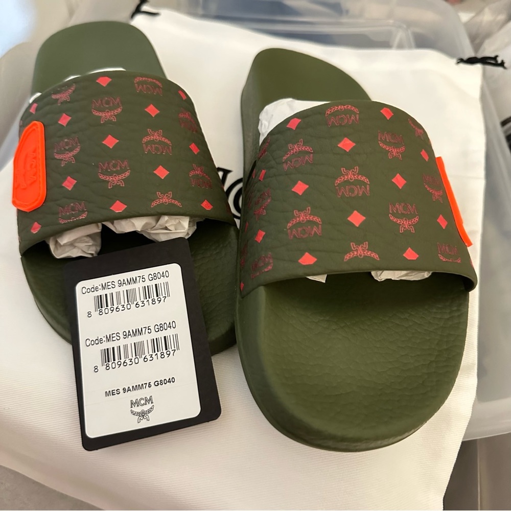 Mcm Monogram Moss Green Rubber Slides